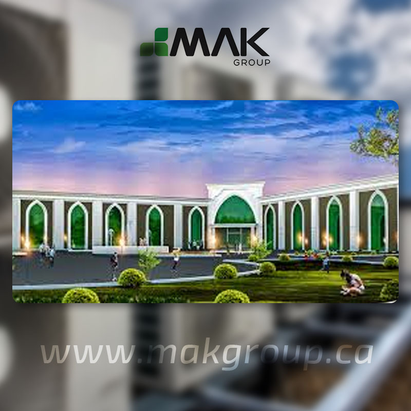 Arched building facade and landscaped grounds