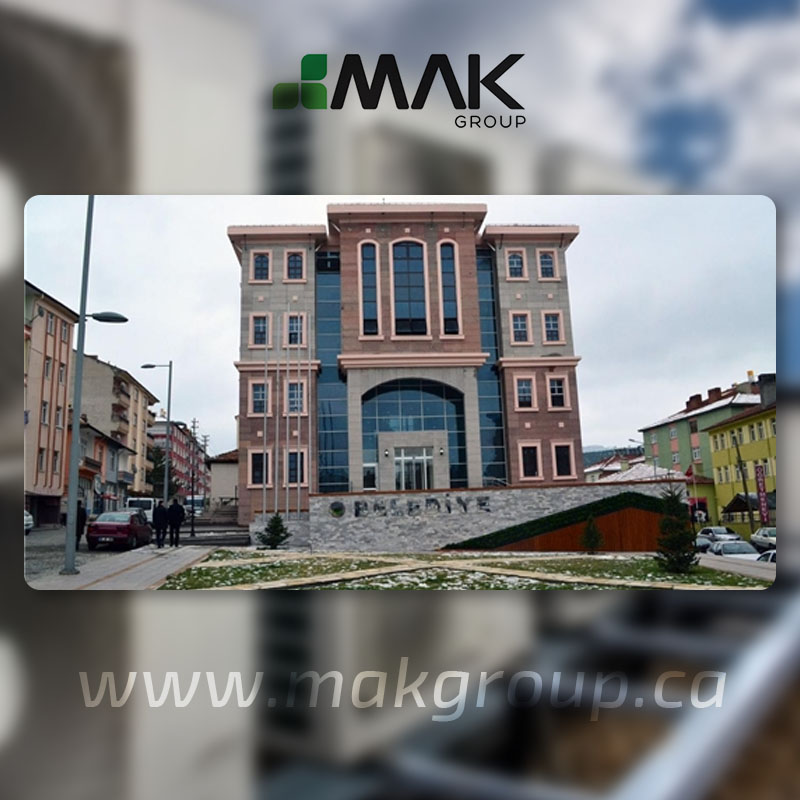 Multi-storey building with an ornate entrance