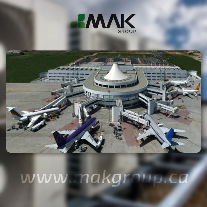 Aerial view of a terminal building and aircraft stands