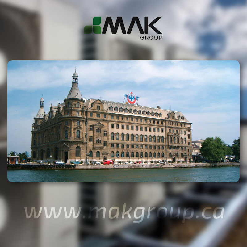 Historic waterfront building with ornate architecture