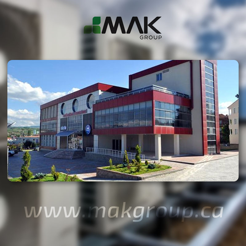 Contemporary red and glass building exterior